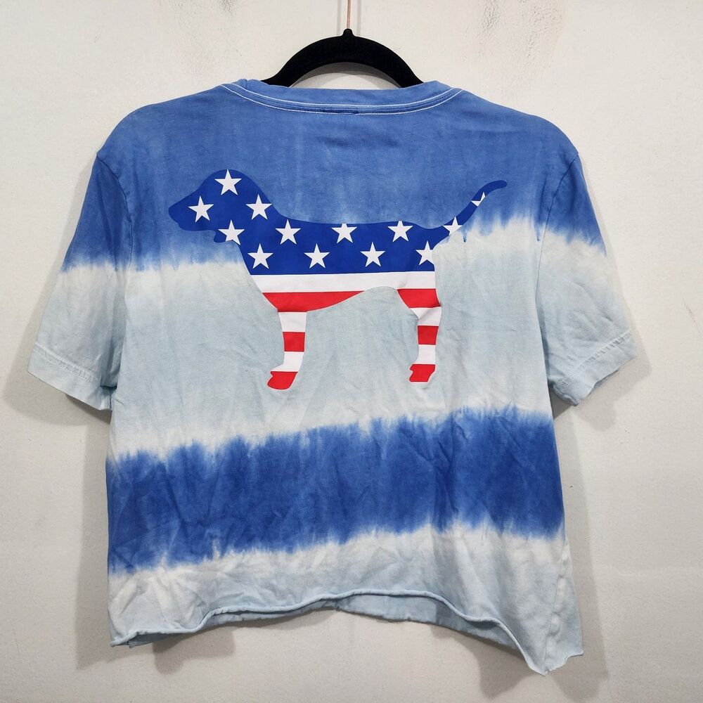 Victoria's Secret PINK blue and white horizontal tie-dye crop t-shirt Womens XS